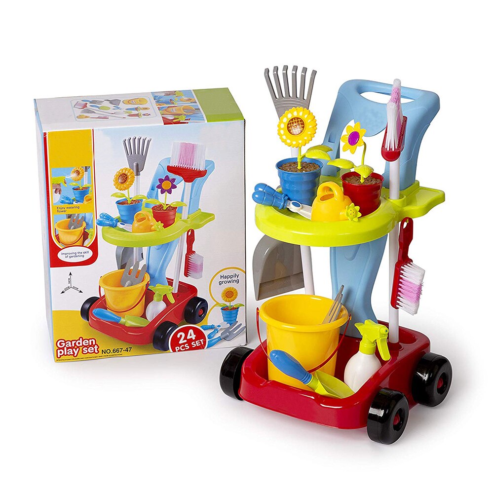 24 Pcs Kids Gardening Trolley Simulation Repair & Cleaning Set Watering Shovel - Image 3