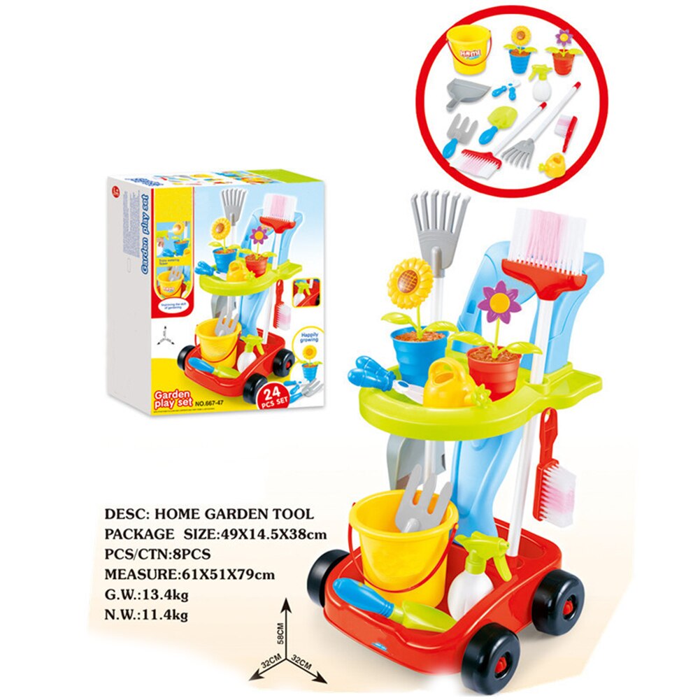 24 Pcs Kids Gardening Trolley Simulation Repair & Cleaning Set Watering Shovel - Image 6