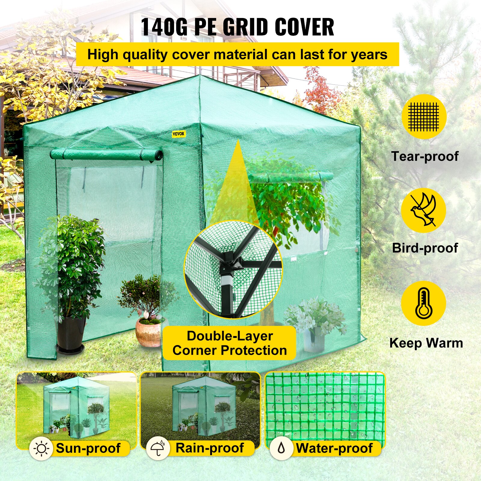 8x6FT 8x12FT Outdoor Walk-in Garden Greenhouse Weather-proof with Roll-up Doors & Windows Portable - Image 4