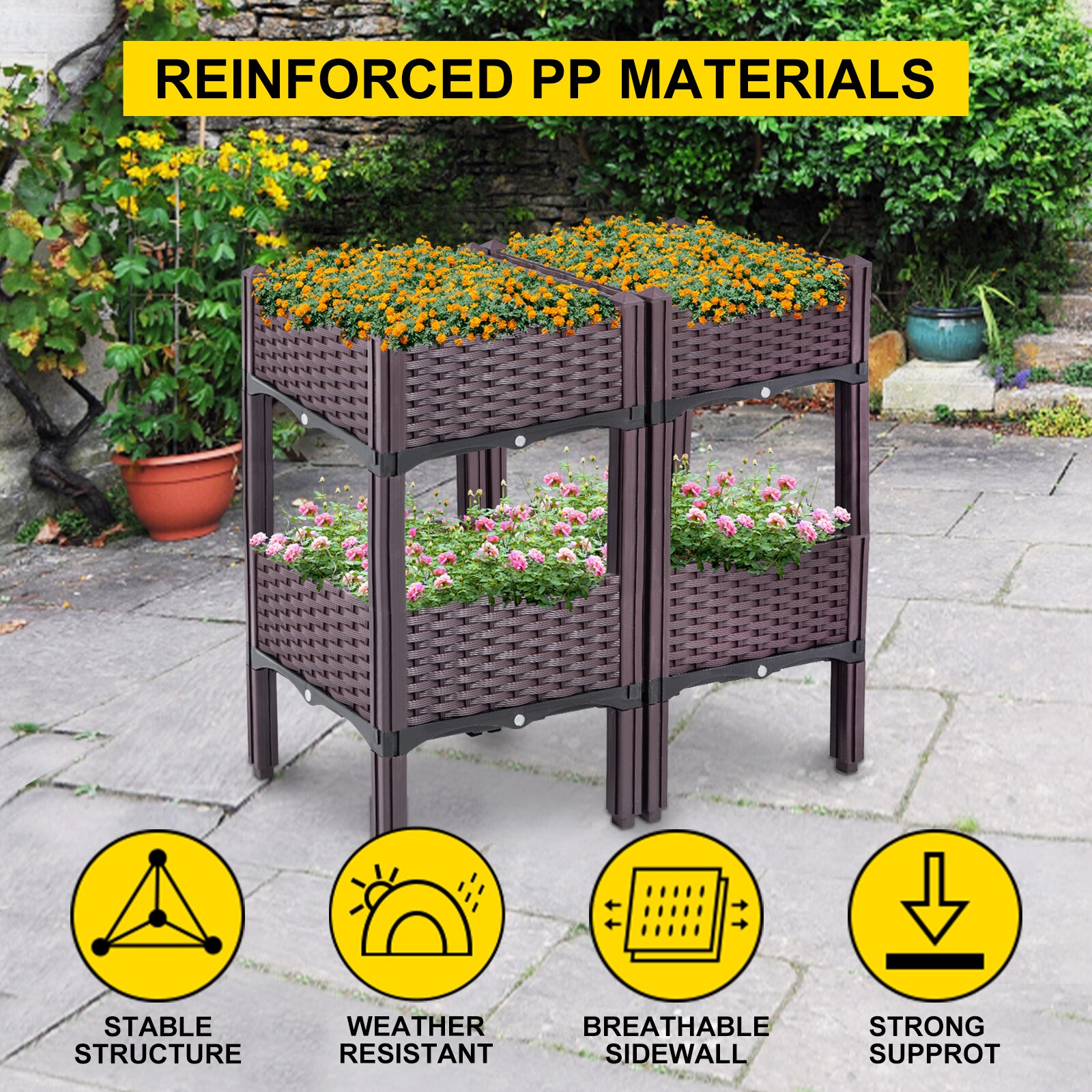 Plastic Raised Garden Bed 15.7 in Flower Box Kit Brown Rattan Style - Image 3