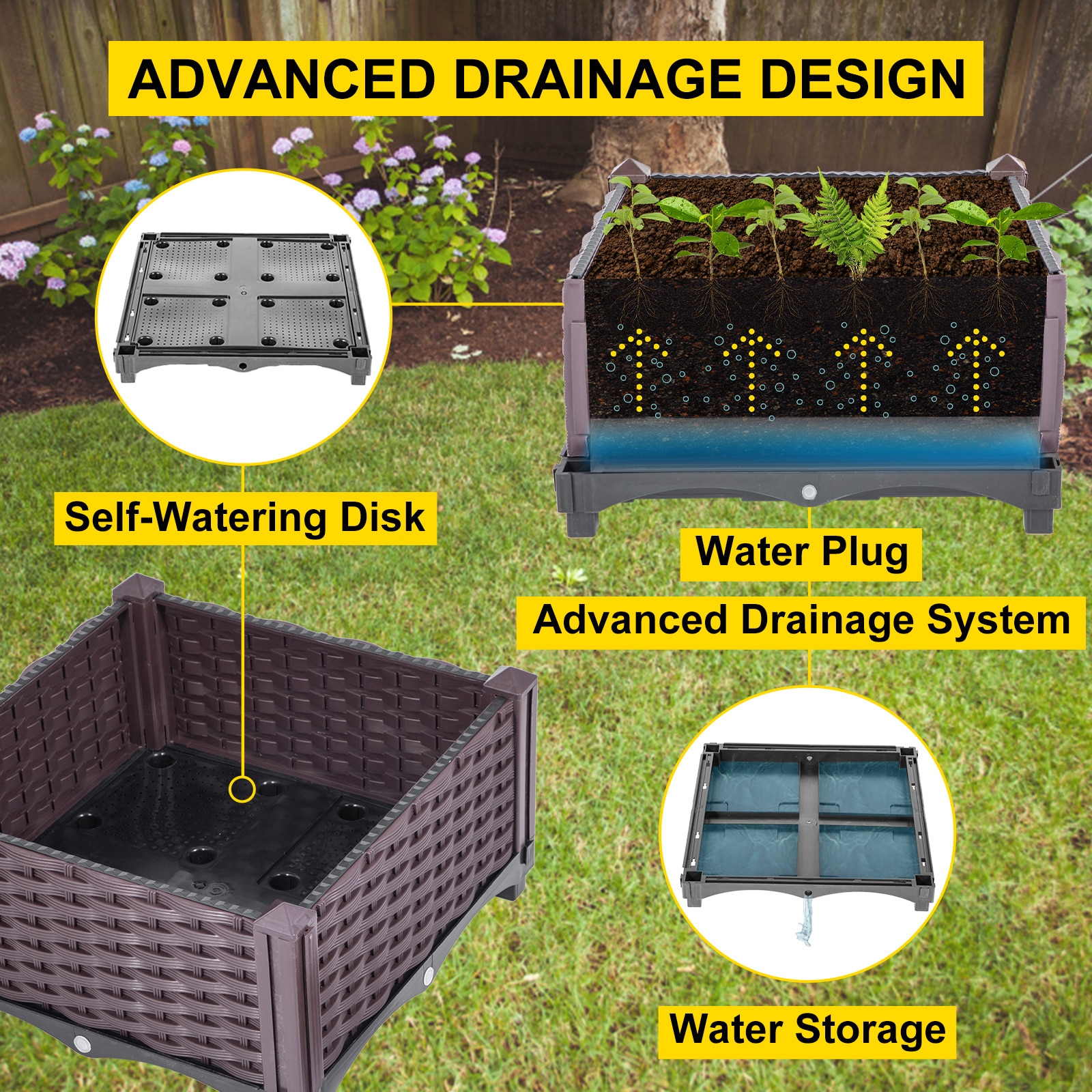 Plastic Raised Garden Bed 15.7 in Flower Box Kit Brown Rattan Style - Image 4